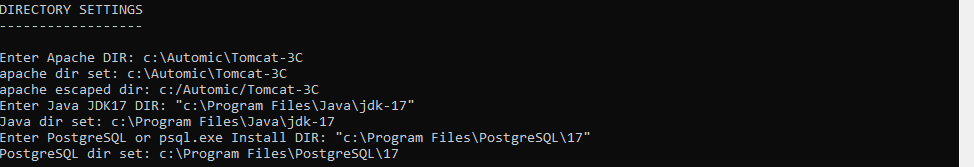3C installer Impostazioni di catalogo Richiesta directory home per Tomcat, Java e PostgreSQL