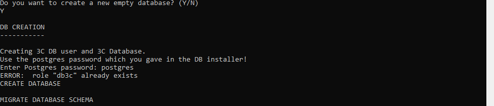 Creazione del database nell'installer 3C con password master di PostgreSQL e migrazione CREATE DATABASE