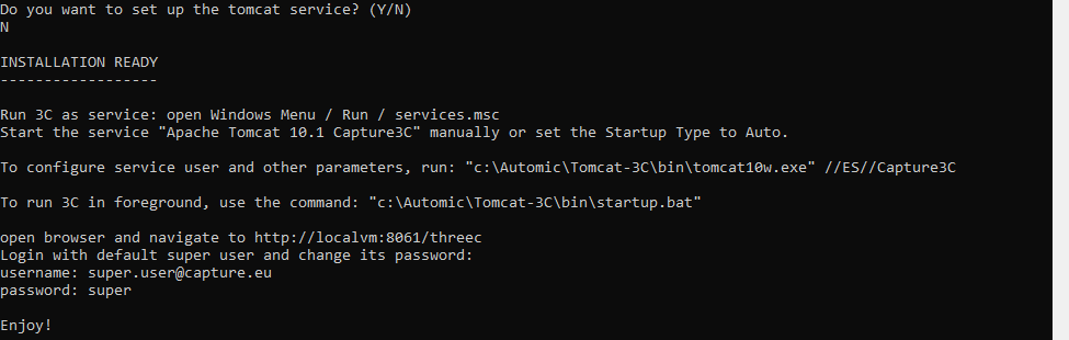 Schermata di installazione 3C installer con la richiesta del servizio Tomcat e le credenziali predefinite dell'utente super