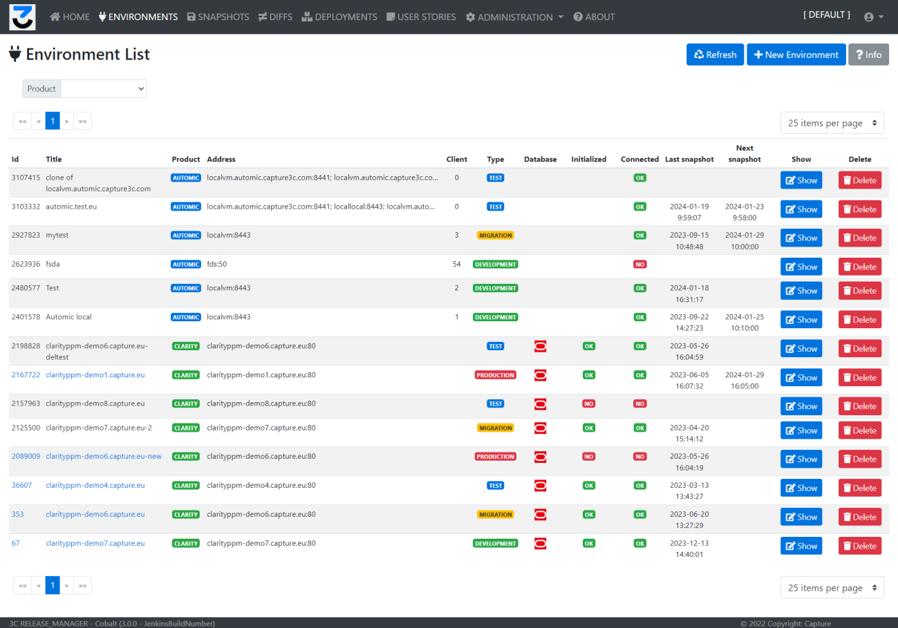 3C Ambiente - Elenco con tipo, host, client, stato della connessione e timestamp snapshot