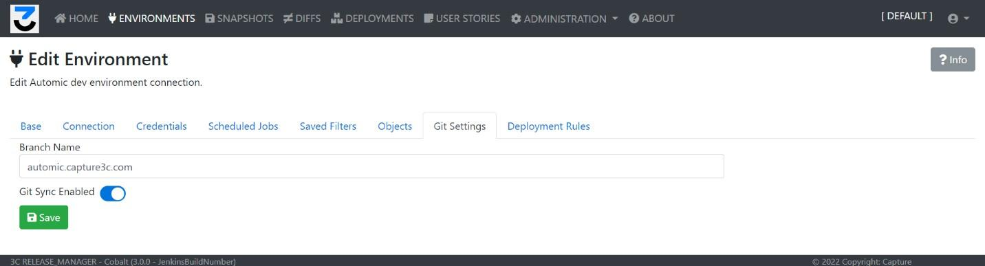 Impostazioni Git Sync 3C per ambiente con nome del branch e interruttore Git Sync Abilitato