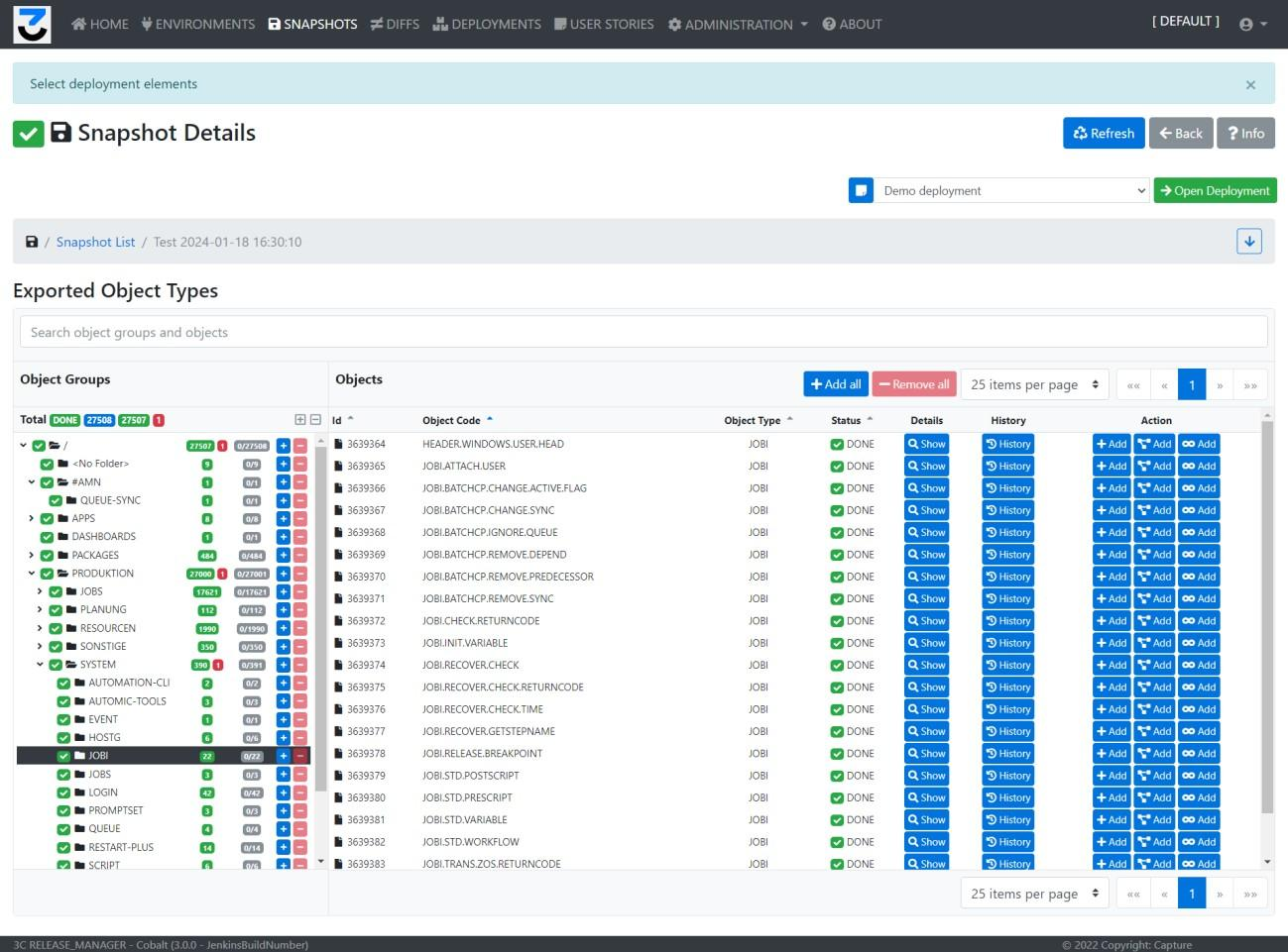 Vista ad albero snapshot 3C con controlli di selezione Deployment e User Story