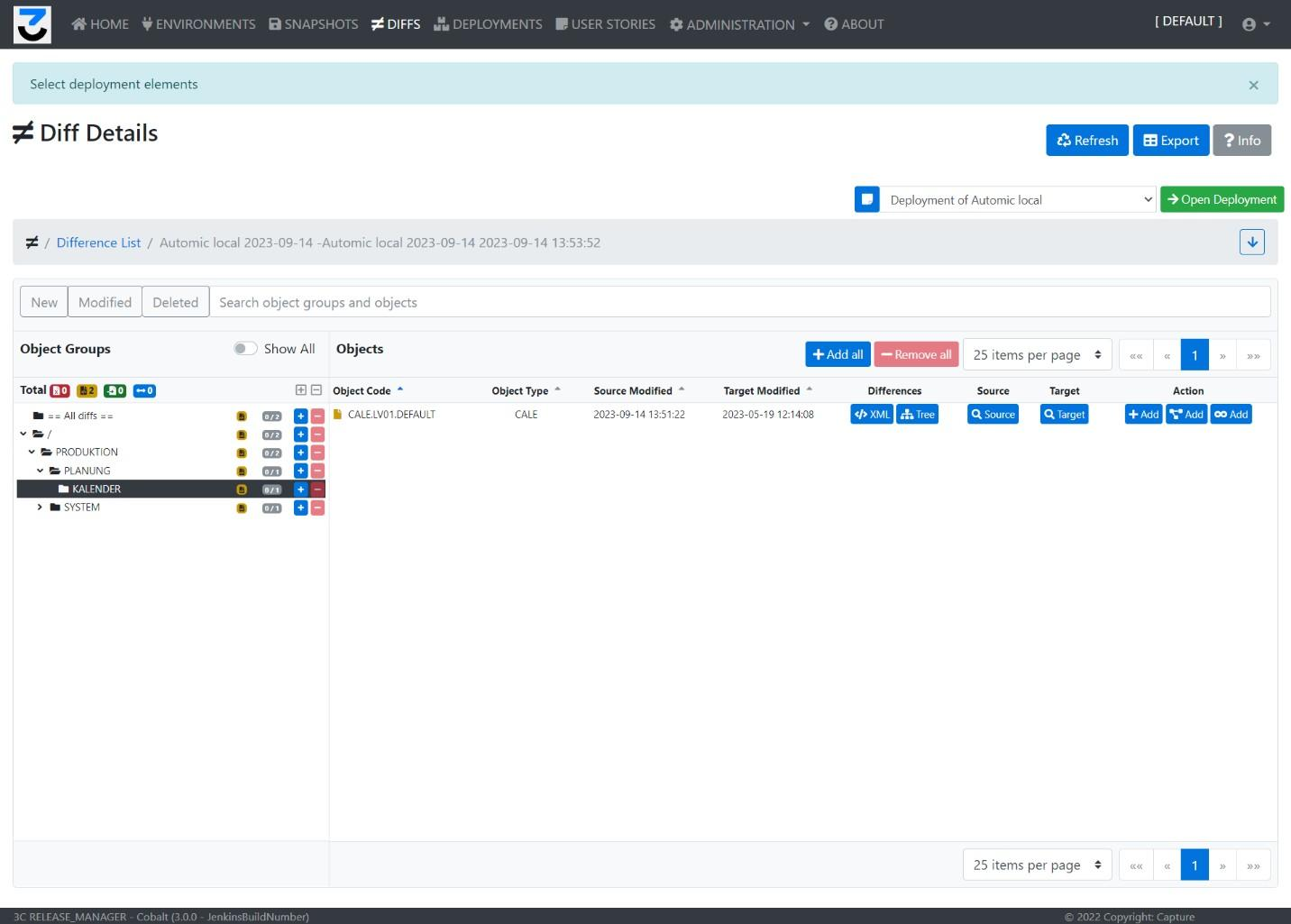 Vista ad albero diff 3C con controlli di selezione per Deployment e User Story